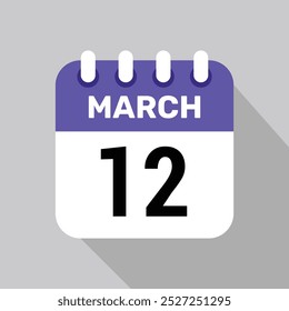12 march calendar icon vector with date background. Vector schedule symbol.