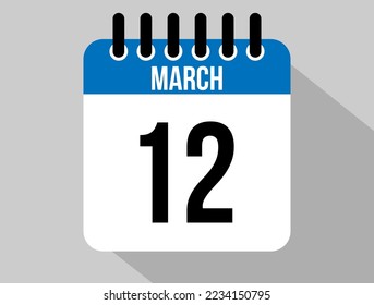 12 March calendar vector icon. Blue March date for the days of the month and the week on a light background