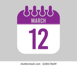Vector del calendario del 12 de marzo. Icono para los días de marzo en el calendario púrpura
