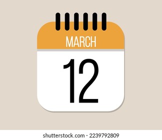 12 March day calendar icon. Orange calendar vector on light background for March days