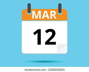 12 March. Flat icon calendar isolated on blue background. Vector illustration.