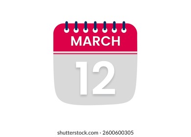12 March month single day vector, illustration, calendar with red, off white and white color background calendar March 12