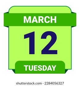 12 March, Tuesday. Date template. Useful design for calendar or event promotion. Vector illustration EPS 10 File. Isolated on white background. 
