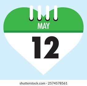 12 May calendar icon green heart shape on light sky blue color background, calendar vector symbol for the month of May.