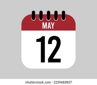 icono del calendario del 12 de mayo. Vector de página de calendario rojo para los días y semanas de mayo