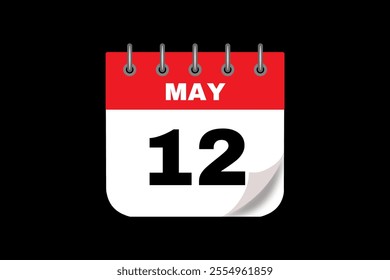 12 May calendar icon text page monthly web design on red, white and black background vector, icon, or illustration with the month of May 12