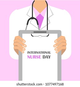 12 May. Flat design of International Nurse Day background. Medical clipboard and stethoscope. Vector illustration.