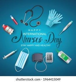 12 May. Happy International Nurse Day Background With Nurse Tools.  Covid-19, Coronavirus Concept. Vector Illustration Design