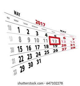 12 May highlighted on calendar 2017. Week starts from Monday. Vector Illustration.
