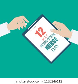 12 May. International Nurse Day background. Close-up of a female doctor with lab coat in her office holding a clipboard. Vector flat illustration