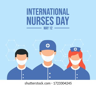 12 May. International Nurse Day background. Close-up of nurses medical team in blue hats with masks nurse uniform . Vector flat illustration