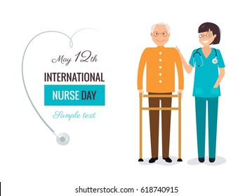 12 May. International Nurse Day background. Young female nurse helping caring for elderly man.  Vector flat  illustration