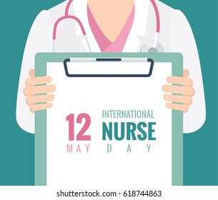 12 May. International Nurse Day Background. Close-up Of A Female Doctor With Lab Coat In Her Office Holding A Clipboard. Vector Flat Illustration  