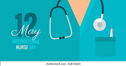 12 May. International Nurse Day background. Close-up of nurse`s uniform and stethoscope. Vector flat illustration  