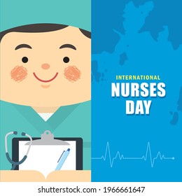 12 May - International Nurses Day. Cartoon male nurse holding clipboard and stethoscope. Flat vector design. Health care worker.