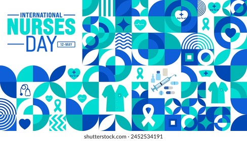 12. Mai ist der Internationale Tag der Krankenschwestern geometrische Form Muster Hintergrund Vorlage. Krankenschwester Kleid, Medizininstrument, Medizin, Medizin und Gesundheitskonzept. Verwenden Sie Hintergrund, Banner, Poster Design.