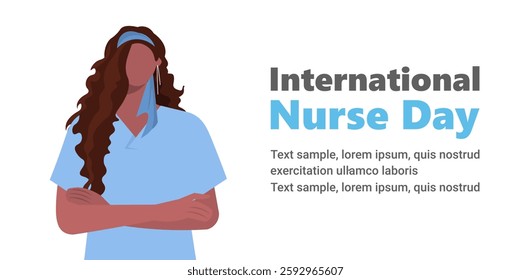 12 May is International Nurses Day. Young African American woman nurse in medical uniform standing with arms folded on her chest on white background. Vector illustration Not AI generated