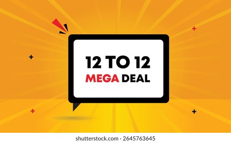 12 to 12 mega deal editable web banner vector art illustration template design featuring white black shapes orange yellow sunshine abstract background in 4k resolution perfect for vibrant promotions