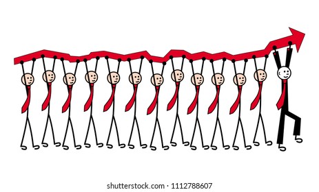 12 men in ties are carrying a red arrow, a growth chart. Ahead in a black suit is the leader. Metaphor of leadership and teamwork. Vector graphics.