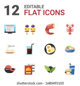 12 Menü-Flachsymbole einzeln auf weißem Hintergrund. Symbole mit Layout, Vorspeisen, Garnelen, Pasta, Getränke, Hummer, Meeresfrüchte-Suppe, Speisekarte, Vegetarier, Getränke-Symbole.
