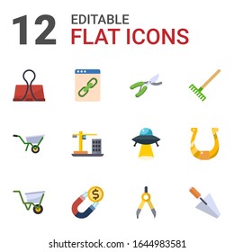 12 metal flat icons set isolated on white background. Icons set with Binder clip, Web Link, Garden pruner, Wheelbarrow, Construction, Rake, wheelbarrow, Attract, Compasses icons.