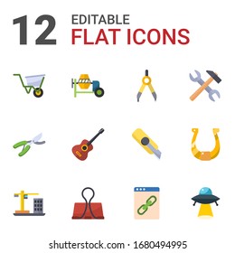 12 metal flat icons set isolated on white background. Icons set with wheelbarrow, concrete mixer, Compasses, Garden pruner, Guitar playing, tools, Construction, Binder clip icons.