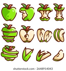 12 MINIMALIST GREEN APPLE VECTORS WHOLE, SLICED, PEELED, BITTEN, BUNNY SHAPE AND MORE, PERFECT FOR CREATIVE PROJECTS, ICONS, PACKAGING MORE. CLEAN DESIGN, FULLY EDITABLE, ENDLESS POSSIBILITIES