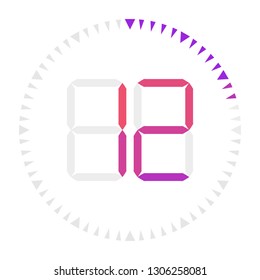 The  12 minutes, stopwatch vector icon, digital timer. Vector digital count down circle board with circle time pie diagram. Watch outline style design, designed for web and app.