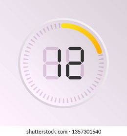 The 12 minutes, stopwatch vector icon, digital timer. Vector digital count down circle board with circle time pie diagram. Watch outline style design, designed for web and app.