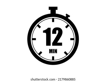 12 Minutes timers clock. Time measure. Chronometer vector icon black isolated on white background.