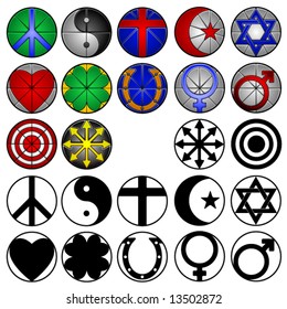 12 miscellaneous symbols in full color, stained glass style and black and white