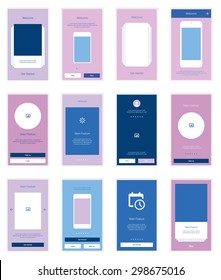 12 Mobile Screens User Interface Kit. Modern user interface UX, UI screen template for mobile smart phone or responsive web site. Welcome, onboarding, login, sign-up and home page layout.