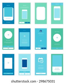 12 Mobile Screens User Interface Kit. Modern user interface UX, UI screen template for mobile smart phone or responsive web site. Welcome, onboarding, login, sign-up and home page layout.