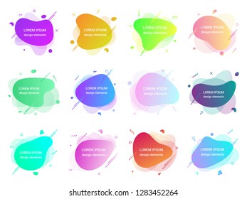 12 Modern liquid abstract element graphic gradient flat style design fluid vector colorful illustration set banner simple shape template for logo, presentation, flyer, isolated on white background.