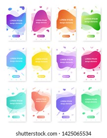 12 Modern liquid abstract element shape gradient memphis style designs. Fluid vector colorful illustration banner set, simple shape template for presentation, flyer, brochure isolated on white background
