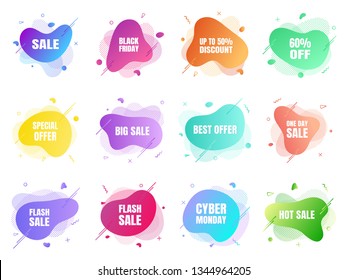 12 modern liquid abstract sale set. Clearance, big sale, black friday, special offer, hot price etc text gradient flat style design fluid vector colorful vector illustration banner shape advertising