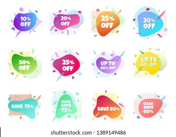 12 Modern liquid abstract special offer price sign discount clearance 10, 25, 50, 75, 80% off set text gradient flat style design fluid vector colorful vector illustration banners or flyer leaflet icon