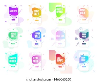 12 modern vertical mobile liquid abstract shape gradient memphis style design fluid vector colorful illustration set banners for app, presentation, sale, brochure isolated on white background.