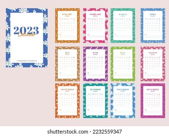 12 Month, 2023 Calendar Template Layout With Floral Border For Publishing.