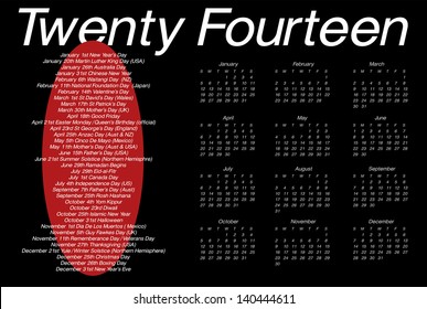 A 12 month calendar for 2014 featuring a list of international holidays and occasions