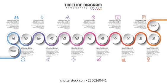 12 month calendar design concept, modern timeline, infographic template for business.Can be used for presentations, flowcharts, diagrams, signs. Vector illustration.