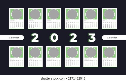 12 month calendar design template for 2023 year. Modern, standard and wall calendar vector.  Week starts on sunday.
