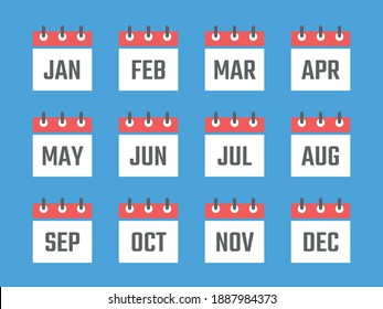 12 month calendar sign set vector illustration, color signs for all months of the year