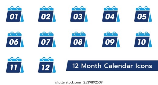 Conjunto de ícones sólidos de calendário de 12 meses. Calendário anual, doze meses com coleção de ícones planos de número de série. Ícone de vetor em negrito pack.