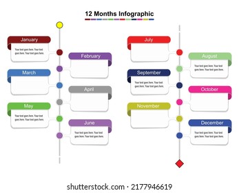 12 month infographic template. Calendar style infographic design. Can be used for business presentation or any purposes. Can edit to your own texts. Vector EPS10 