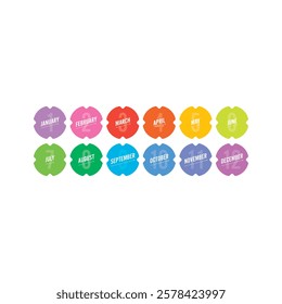 12 month names in colorful shapes. twelve months concept for business, education world