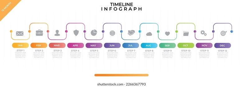 12 Month Timeline Info graphic. A Comprehensive Guide to Your Business Strategy with 12 Steps and Iconography