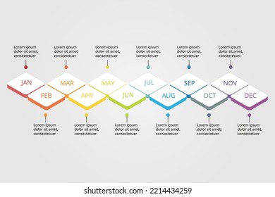 12-monatige Zeitstrahl-Vorlage für Infografiken zur Präsentation für 12 Elemente