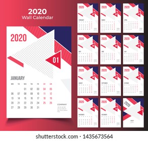 12 month wall calendar 2020 template design