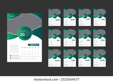 12 month Wall calendar 2025 design template, week starting from Monday. Clean, elegant template schedule planner, abstract gradient color luxury concept, perfect use in home, school college and office